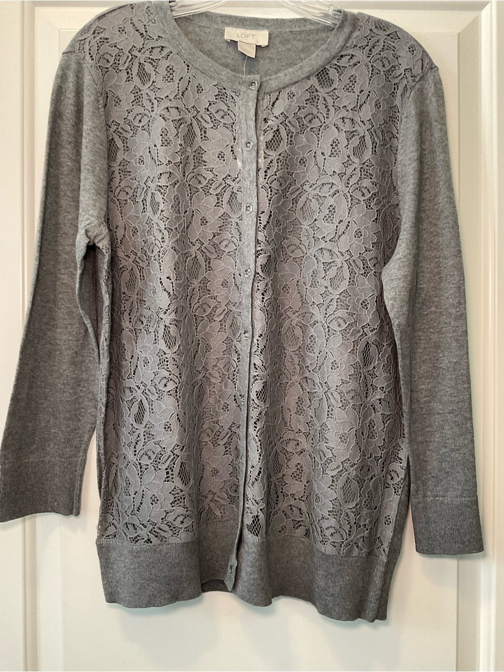 LOFT Light Gray Lace-Front Button Cardigan